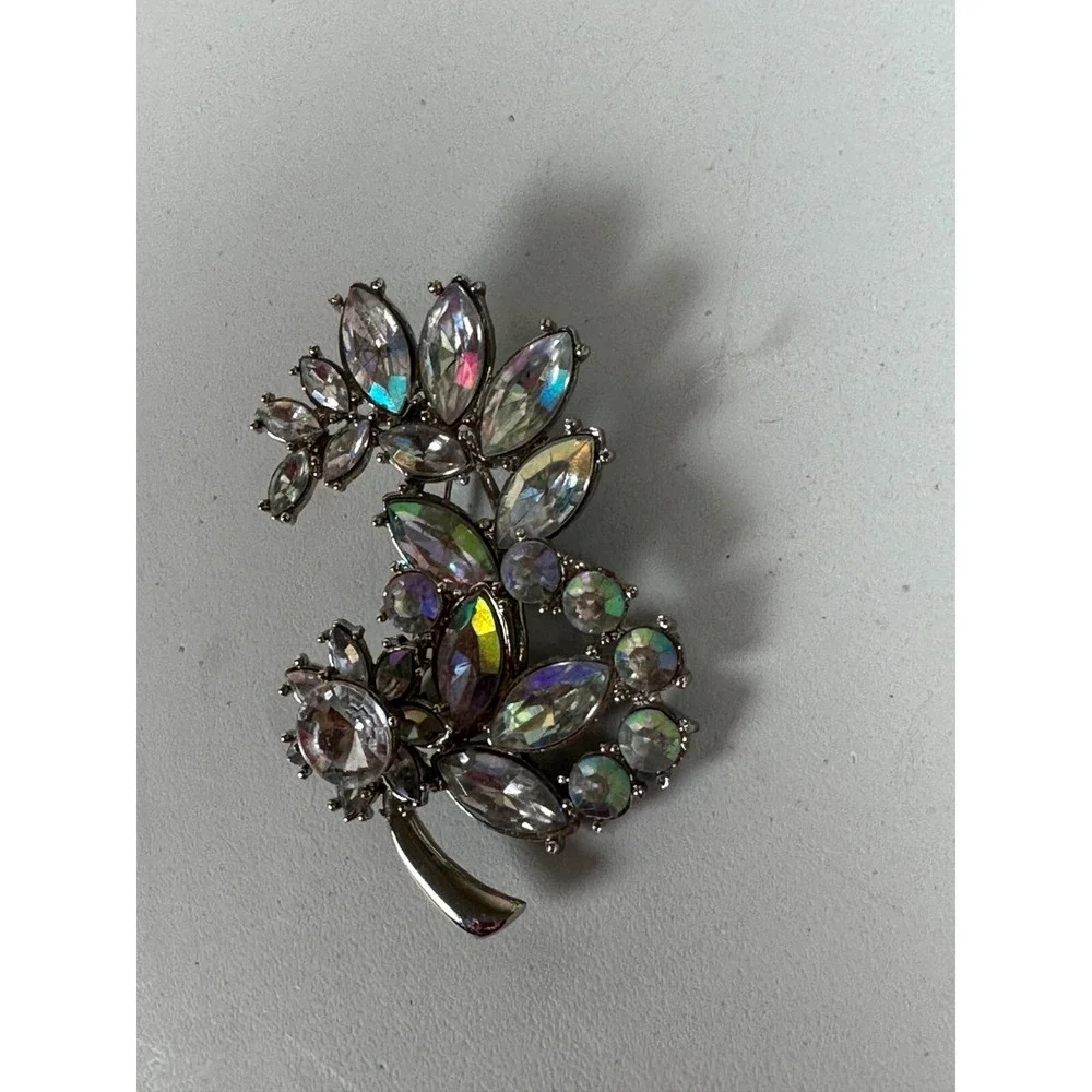 Vintage Clear Rhinestone Brooch Pin Silver Tone Statement Colors In Light